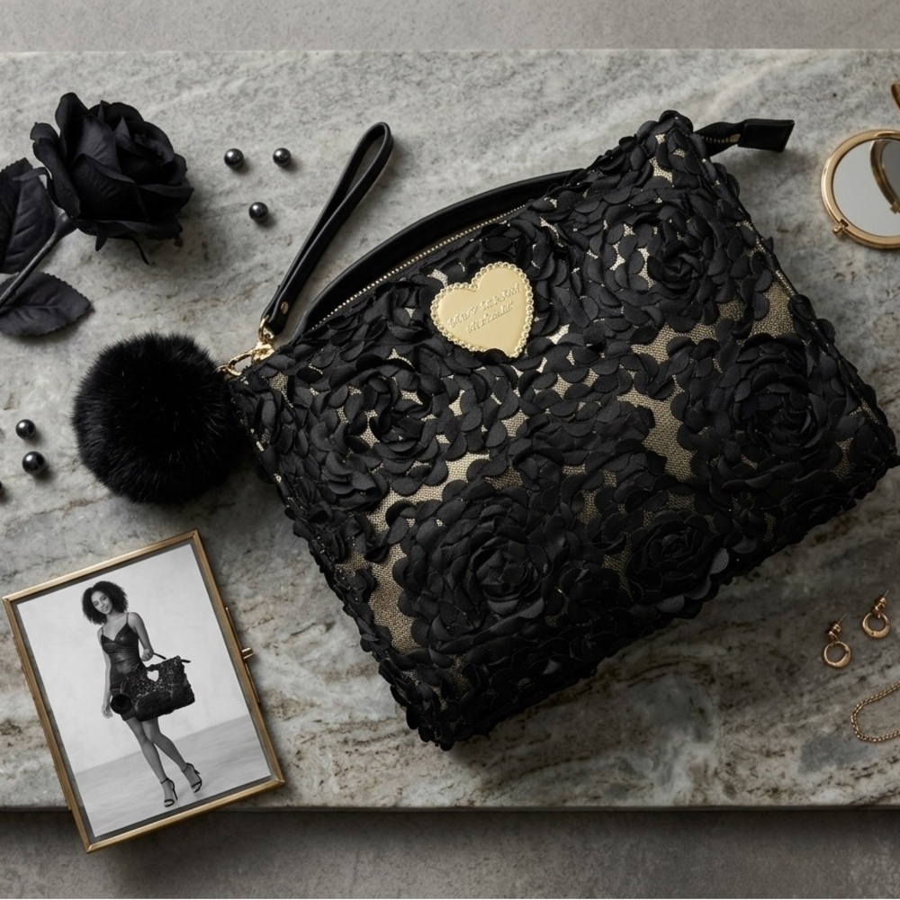 Betsey Johnson Black Rose Floral Wristlet Clutch